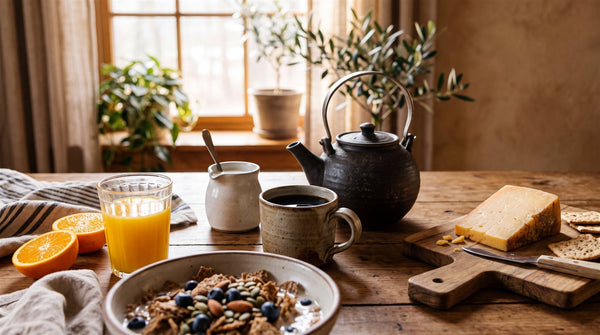 A breakfast table with coffee, tea, milk, cheese, bran and orange juice in morning light