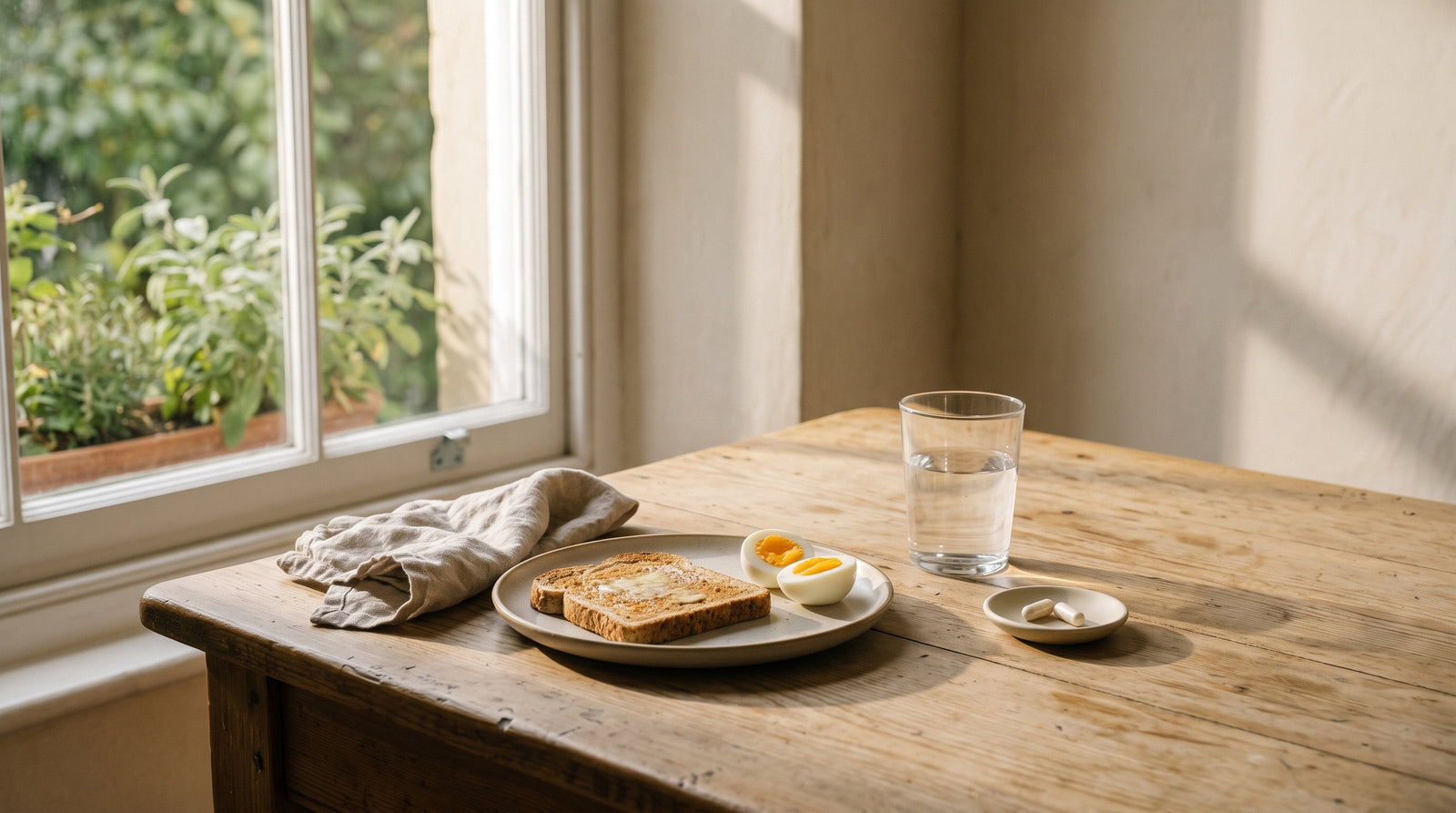 A wooden kitchen table by a window with a plate of toast and a boiled egg, a glass of water and two capsules in a small dish