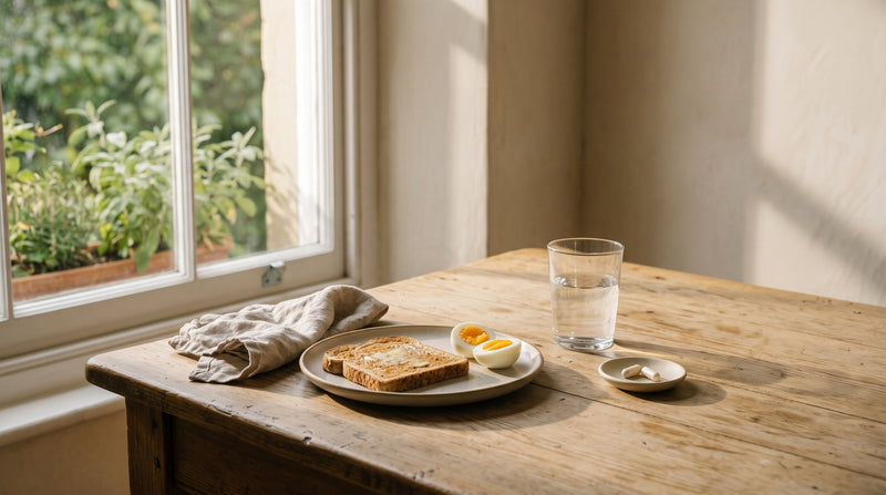 A wooden kitchen table by a window with a plate of toast and a boiled egg, a glass of water and two capsules in a small dish