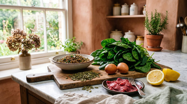 A kitchen still life of lentils, pumpkin seeds, spinach, eggs, thin-sliced red meat and a halved lemon