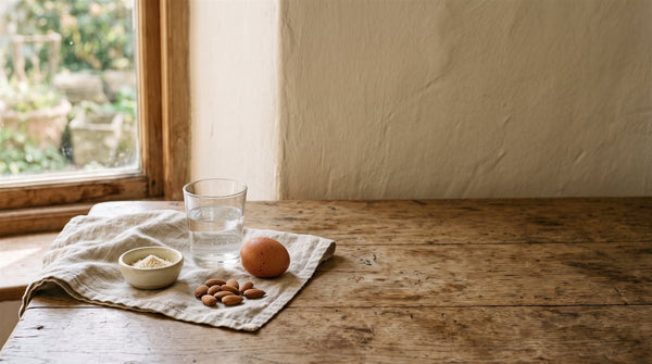 A small dish of pale powder, a glass of water, an egg and a few almonds on a linen cloth