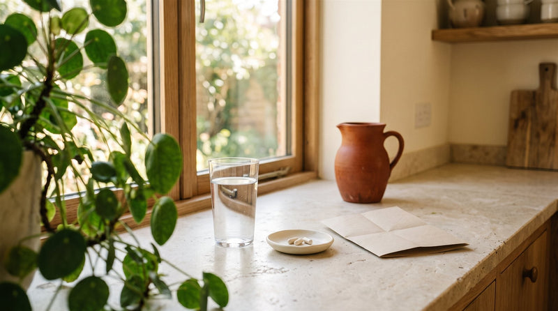A glass of water, two capsules in a small dish and a terracotta jug on a sunlit kitchen counter