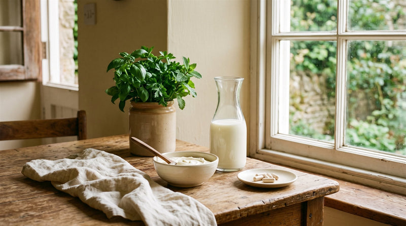 A glass carafe of milk, a bowl of cream and pale capsules on a wooden kitchen table