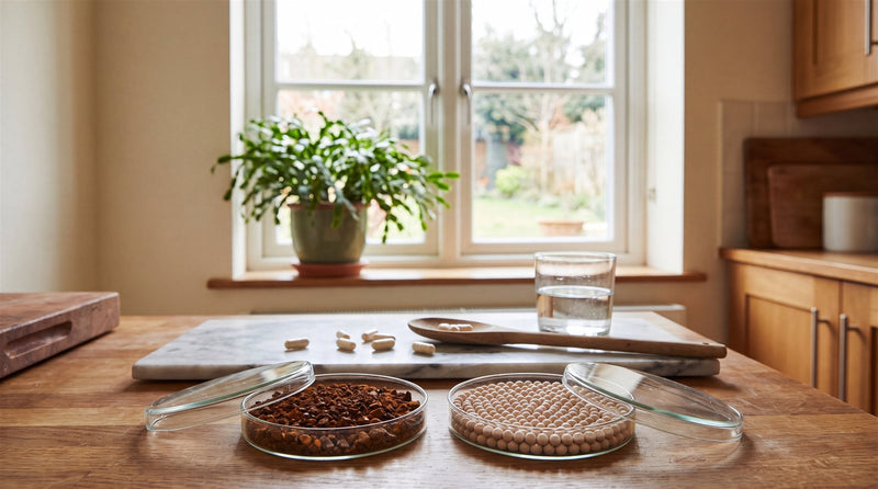 Two glass petri dishes side by side, one holding coarse rust granules, the other smooth pale beads