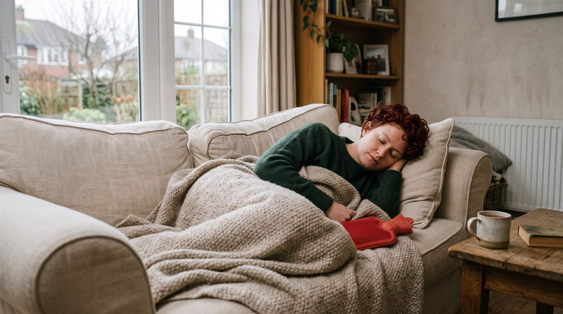 A woman resting on a sofa under a wool blanket with a hot water bottle beside her
