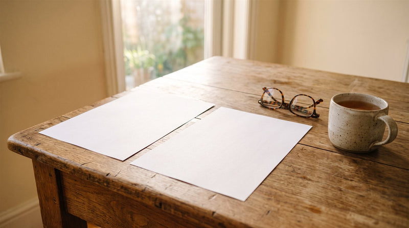Two blank sheets of paper side by side on a wooden table with reading glasses and a mug of tea