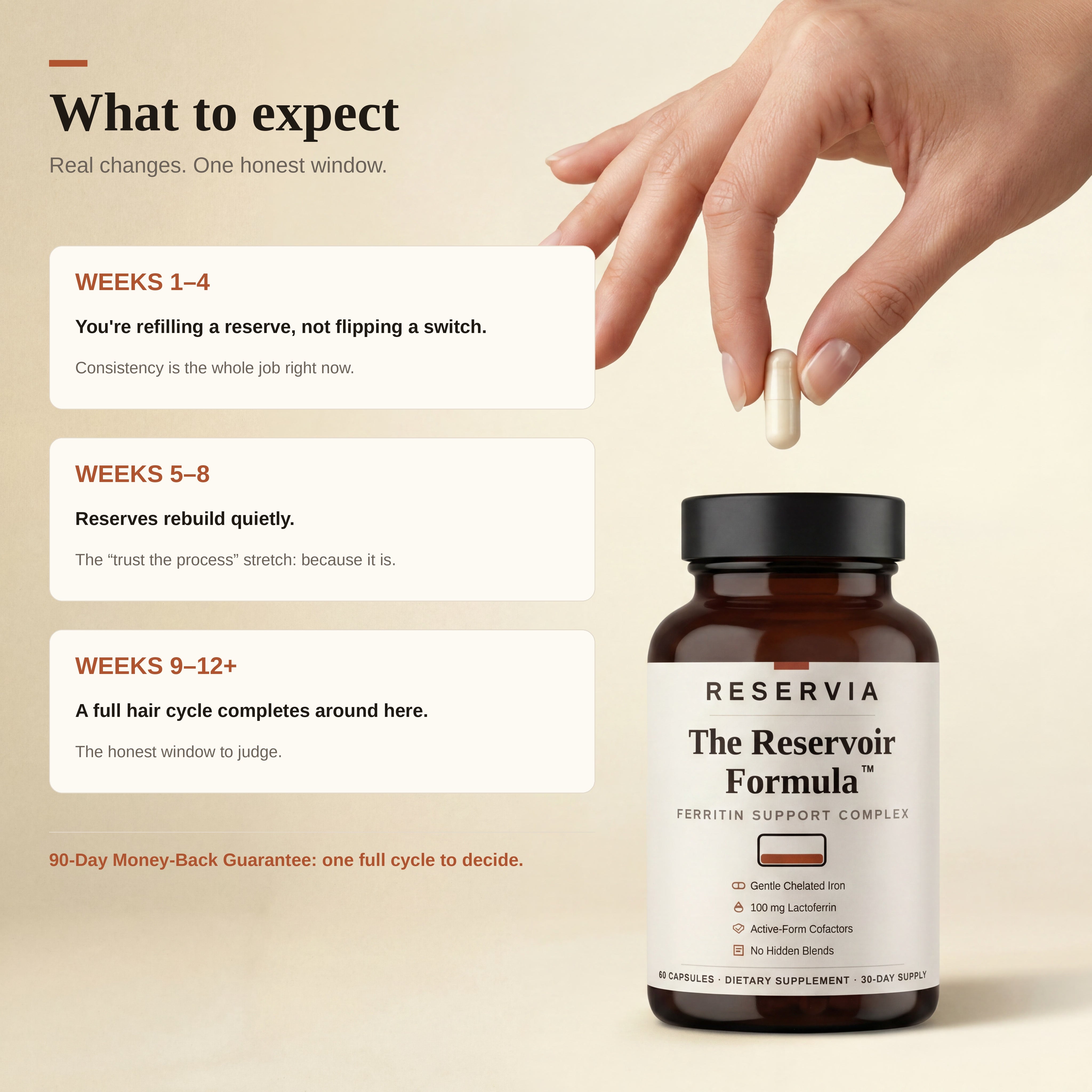 What to expect, week by week: weeks 1 to 4 you are refilling a reserve, weeks 5 to 8 reserves rebuild quietly, weeks 9 to 12 a full hair cycle completes. A hand holds a single capsule above the bottle.