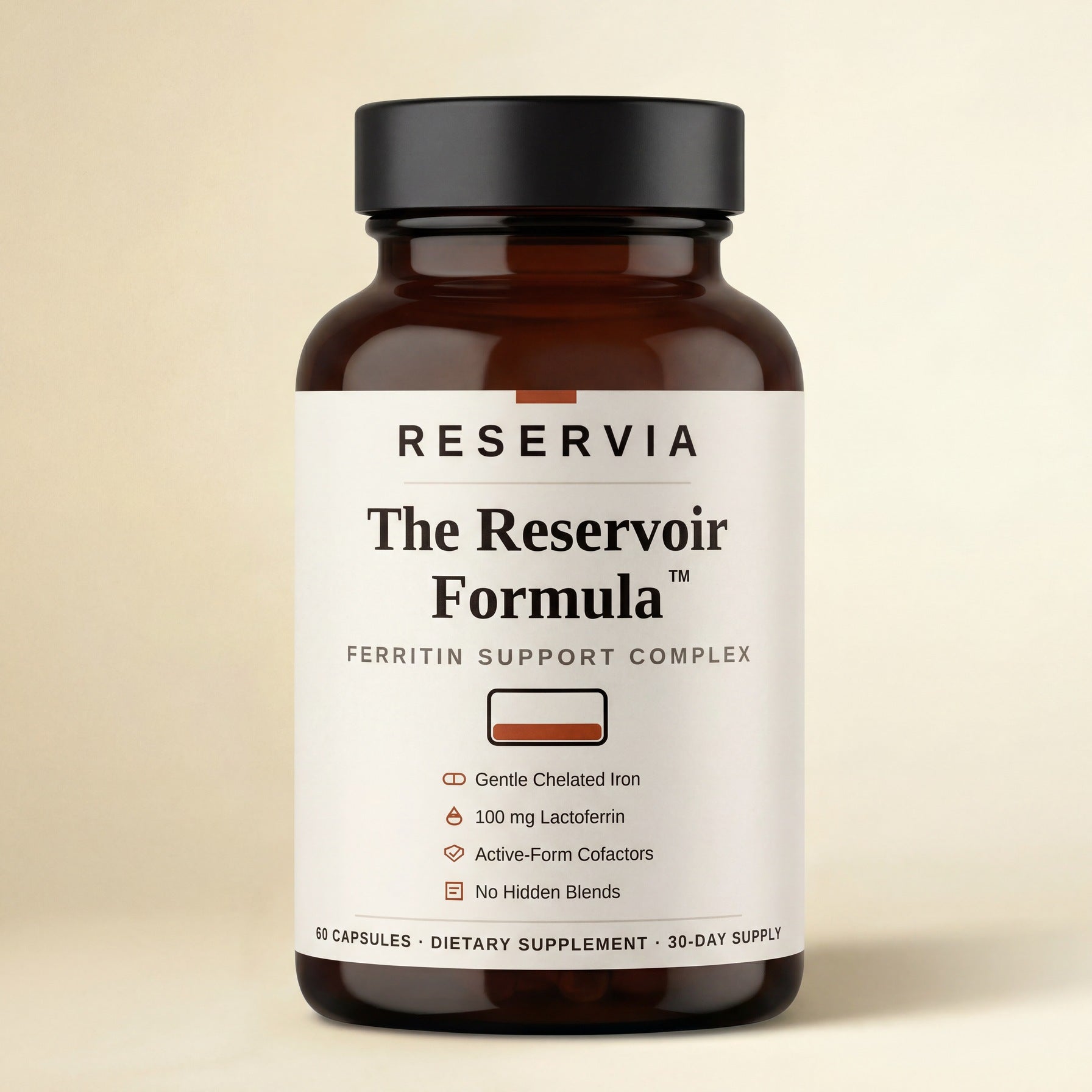 The Reservoir Formula bottle on a plain cream background, front label fully readable: chelated iron, 100 mg lactoferrin, active-form cofactors, no hidden blends.