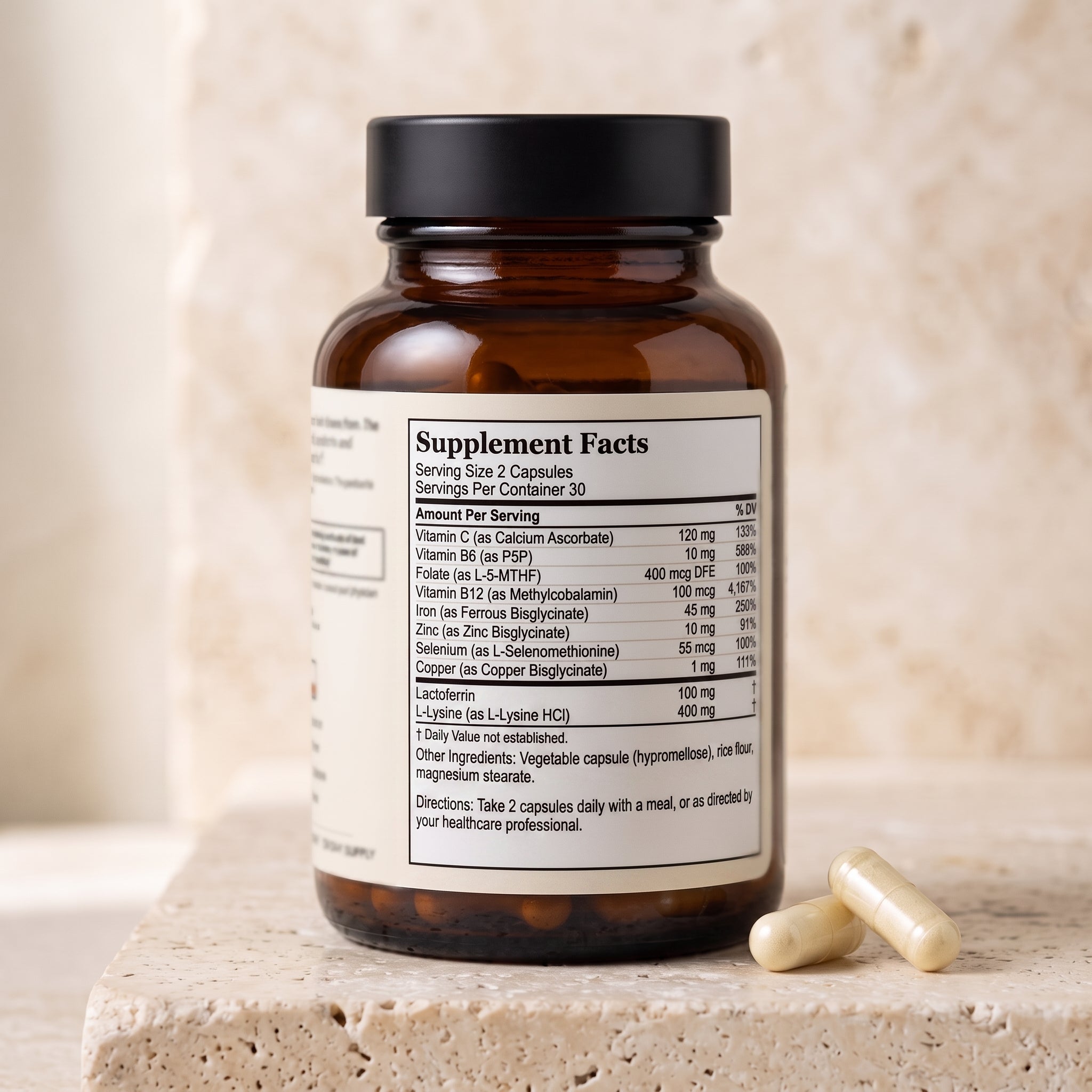 Supplement Facts panel: Serving size 2 capsules, 30 servings per container. Iron as ferrous bisglycinate 45 mg. Lactoferrin 100 mg. L-Lysine as L-Lysine HCl 400 mg. Vitamin C as calcium ascorbate 120 mg. Zinc as zinc bisglycinate 10 mg. Copper as copper bisglycinate 1 mg. Selenium as L-selenomethionine 55 mcg. Folate as L-5-MTHF 400 mcg DFE. Vitamin B12 as methylcobalamin 100 mcg. Vitamin B6 as P5P 10 mg. Contains: Milk (lactoferrin).